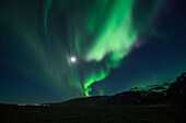 Nordlichter bei Vollmond, Aurora borealis, Süd Island, Europa
