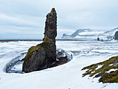 Rock needle in Hornvik Bay, Hornstrandir Nature Reserve, Iceland, Europe