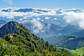 View from Trainsjoch to cloud mood in the Inn Valley, Trainsjoch, Mangfall Mountains, Bavarian Alps, Upper Bavaria, Bavaria, Germany