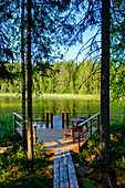 Terrace by the water at campsite Sulkavan Oravanpesät, the famous canoe tour Squirrel Tour (Oravareitti), Finnish Lake District, Finland, leads between Juva and Sulkava