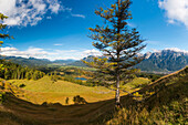 Panorama from Hoher Kranzberg, 1397m to the Wildensee, the humpback meadows between Mittenwald and Krün and the Karwendel Mountains, Werdenfelser Land, Upper Bavaria, Bavaria, Germany, Europe