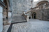 Early in the morning through the deserted streets near the Pile Gate of the old town of Dubrovnik, Dalmatia, Croatia.