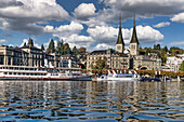 Lucerne in autumn, Lake Lucerne, Wilhelm Tell paddle steamer, Katholische Hofkirche St. Leodegar, Switzerland