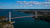 Tjörnbron Bridge to the archipelago island of Tjörn on the west coast of Sweden from above, sunshine on the day with a blue sky