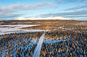 Verschneite Landstraße, dahinter der Pallastunturi, Muonio, Lappland, Finnland
