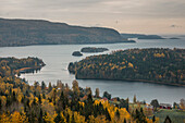 Landscape panorama with islands of Höga Kusten at the lookout point Rödklitten in the east of Sweden in autumn