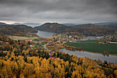 Landscape panorama with islands of Höga Kusten on Mount Stortorget in the east of Sweden in autumn