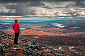 Wanderer blickt über Landschaft mit Seen im Pieljekaise Nationalpark im Herbst in Lappland in Schweden\n