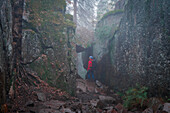 Mann wandert durch Felsschlucht Slåttdalsskrevan im Skuleskogen Nationalpark im Osten von Schweden