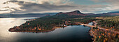 Panorama landscape with lake and mountains in Stora Sjöfallet National Park in autumn in Lapland in Sweden from above