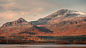 Landscape with mountains and lake in Stora Sjöfallet National Park in autumn in Lapland in Sweden