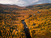 Landschaft mit Fluss durch Wald im Herbst in Jämtland in Schweden von oben\n