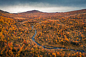 Fluss und Berge entlang der Wilderness Road mit Bäumen im Herbst in Jämtland in Schweden von oben\n