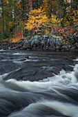 Stromschnellen im Fluss entlang der Wilderness Road mit Bäumen im Herbst in Jämtland in Schweden\n