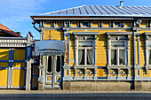 Wooden house with entrance, street scenes in the old town of Rauma, west coast, Finland