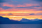 Morgenliche Rotfärbung einer Bergkette nördlich von Harstad, Hurtigrute, Nordland, Norwegen, Europa