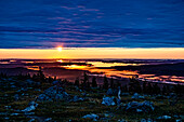 Blick vom Otsamo bei Sonnenaufgang, Inarisee im Hintergrund, Inari, Finnland