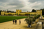 Walk to the Orangery Palace in the Karlsaue in Kassel on a cloudy day, Kassel, Hesse, Germany