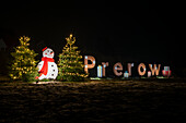 Christmas trees, snowman, Prerow lettering, Baltic Sea resort of Prerow, Fischland-Darß-Zingst, Mecklenburg-West Pomerania, Germany
