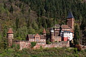 Die beeindruckende Festung Schloss-Zwingenberg oberhalb des Neckars im Naturpark Neckartal-Odenwald, Baden-Württemberg, Deutschland.