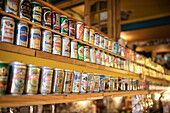 Collection of beer cans from around the world in cozy bar in Punta Arenas, Patagonia, Chile, South America