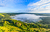 Aerial view of the Meerfelder Maar with morning fog, Eifel, Rhineland-Palatinate, Germany
