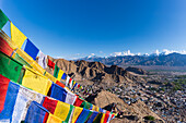 Panorama from Tsenmo Hill over Leh and the Indus Valley to Hemis National Park with Stok Kangri, 6153m, Ladakh, Jammu and Kashmir, India, Asia