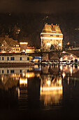 Christmas reflection on the Main, Miltenberg, Lower Franconia, Franconia, Bavaria, Germany, Europe