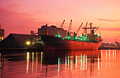 Container Ship docked at a commercial dock at dusk, Mississippi River, Mississippi, USA