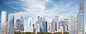 City skyline created using modern buildings from various parts of the world including Dallas, Panama, and Shanghai