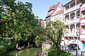 Bamberg; Alter Kanal, gondolier, view from Nonnenbrücke