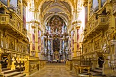 Kloster Ebrach, Abteikirche, Chor mit Chororgeln mit Blick auf den Hochaltar, Bayern, Deutschland