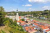 Burghausen, city view from the castle to Spitalvorstadt and parish church of St. Jakob