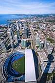 Toronto, Rogers Center and Panorama with silhouette of CN Tower, view from CN Tower