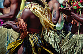 Native Fijian men dressed in traditional dress performing and dancing