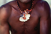 Bare chest of fit Fijian man with seashell around his neck