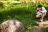 Ecuador, Galapagos-Inseln, Mädchen, das Foto der Riesenschildkröte macht