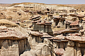 Close up long shot of sandstone hoodoos at the Ah-shi-sle-pah Wilderness Study Area in New Mexico. Area is located in northwestern New Mexico and is a badland area of rolling water-carved clay hills. It is a landscape of sandstone cap rocks and scenic olive-colored hills. Water in this area is scarce and there are no trails; however, the area is scenic and contains soft colors rarely seen elsewhere