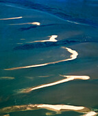 Aerial of Sandspits in tropical blue water