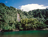 Wasserfall, der die Klippen zwischen tropischer Vegetation hinunter in den Fluss Navua - Viti Levu stürzt