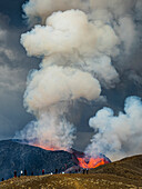 Wanderer auf dem Observation Hill, während Dampfwolken vom Vulkan Fagradalsfjall, Island, aufsteigen
