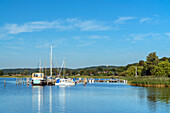 Hafen am Selliner See mit Blick zum Jagdschlaß Granitz, Ostseebad Sellin, Insel Rügen, Mecklenburg-Vorpommern, Deutschland