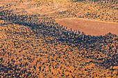 Abstrakte Luftaufnahme einer trockenen Landschaft im Zentrum Südaustraliens. Luftaufnahmen über die Painted Desert, Dry Creek Beds und Buschland