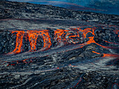 Hot lava flowing from Fagradalsfjall crater, Volcanic eruption at Geldingadalir, Iceland