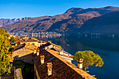 Cityscape and Lake Lugano with Blue Sky and Mountain in a Sunny Day in Morcote, Ticino in Switzerland.