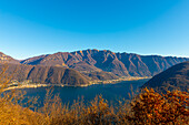 Panoramic View over Lake Lugano and Village with Mountain Generoso in a Sunny Day in Vico Morcote, Ticino in Switzerland.