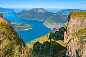 View from the Fronalpstock on Lake Lucerne and the Rigi in the morning light, Morschach, Glarner Alps, Canton of Schwyz, Switzerland