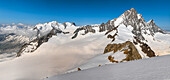 View from the Oberaarhorn to the Finsteraarhorn, highest mountain in the Bernese Alps (4274 m), with the Matterhorn, Weisshorn and Wasenhorn in the morning light, Bernese Oberland, Canton of Bern/Valais, Switzerland
