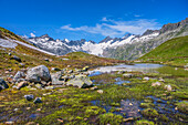 Lake at Trübtenlücke with Oberaarhorn (3638m) and Oberaargletscher, Bernese Oberland, Canton Bern, Switzerland