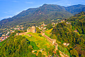 Aerial view of the Montebello Fortress in Bellinzona, Canton Ticino, Switzerland